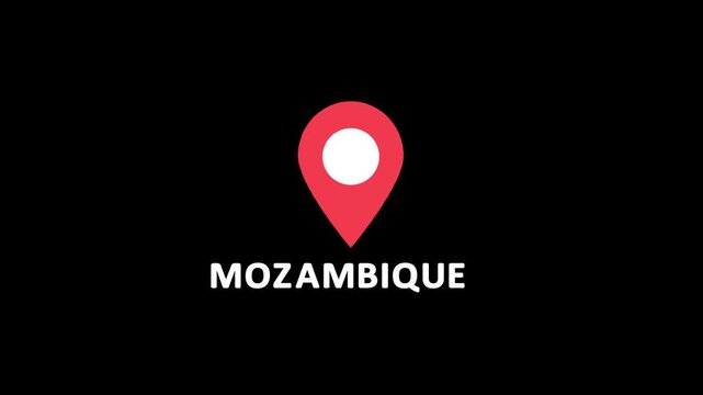 Red location pin icon with white circle marker and the word Mozambique in white text on a black background.Set of map pin location icons. Modern map markers