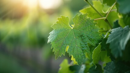 A close-up of a grape leaf, showcasing its intricate veins and delicate texture.