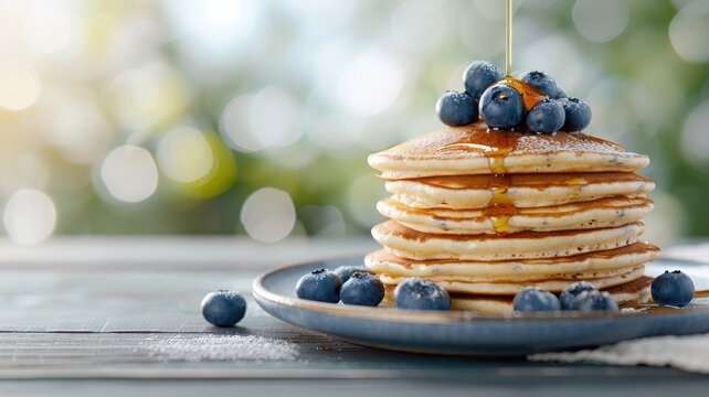 A stack of buttermilk pancakes topped with blueberries and maple syrup. - Powered by Adobe