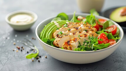 A vibrant salad bowl with grilled chicken and creamy Caesar dressing.