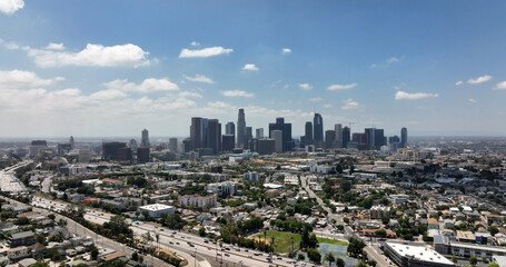 Obraz premium Modern cityscape of Los Angeles, California. Drone view of Los Angeles. Panoramic photo of downtown LA skyline. Los Angeles financial district with skyscrapers. Aerial panorama of Los Angeles city.