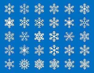 Assorted white, complex, six-pointed snowflakes floating on a blue backdrop