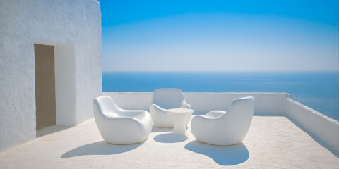 Modern white furniture setup on a terrace overlooking the sea during a sunny day