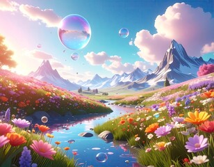 Dreamy Landscape with Floating Bubbles and Vibrant Flowers.
