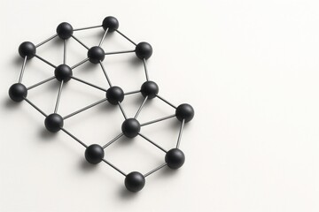 Obraz premium Black matte spheres connected with thin rods forming molecular structure on white background minimal concept of system organization structure and high tech with space for text
