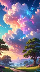 Dreamy Landscape with Pastel Clouds and Lush Trees.
