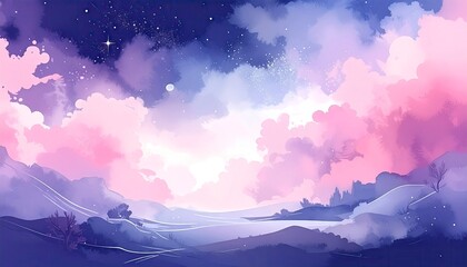 Dreamy Landscape with Pastel Clouds and Starry Sky.