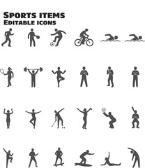 Sports items icons showing different activities and poses in black color