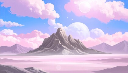 Dreamy Mountain Landscape with Pastel Skies and Distant Moon.