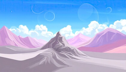 Dreamy Mountain Landscape with Pastel Colors and Soft Clouds.