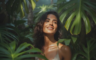 A stunning woman is surrounded by vibrant green monstera leaves, gazing upwards with a serene smile, basking in the natural beauty around her