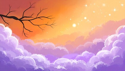 Dreamy Nightscape - Clouds, Stars, and Silhouette Branch.