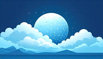 Dreamy Nightscape - Full Moon Over Mountains and Clouds.