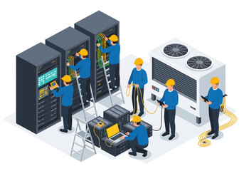 An isometric illustration depicts a team of technicians performing maintenance, cabling, and diagnostics on server racks and an HVAC unit in a data center.