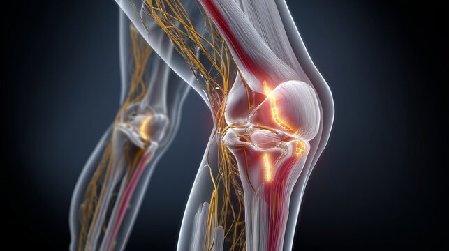 Detailed anatomical illustration of human knee joint showcasing ligaments and nerves