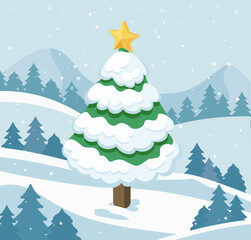 Isometric Christmas tree with yellow star and snow in a winter mountain landscape. Festive New Year and holiday scene.