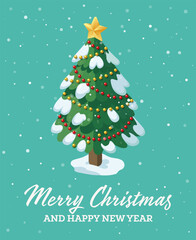 Isometric Christmas tree with golden star, red and gold decorations, and snow. Merry Christmas and Happy New Year greeting card.