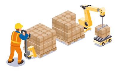 Isometric worker in orange uniform with pallet truck and robotic arm in warehouse. Automation, logistics, and cargo handling concept.