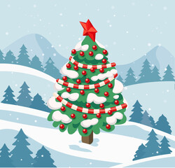 Isometric Christmas tree with red decorations and snow in a winter landscape. Festive New Year and holiday background.