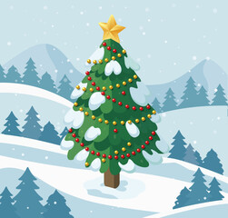 Isometric Christmas tree with yellow star and colorful decorations in snowy winter landscape. Festive New Year holiday scene.