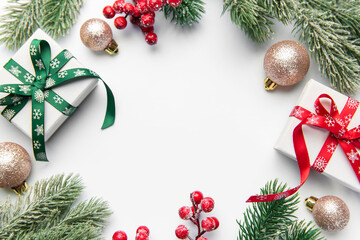 Christmas gifts and decorations forming a festive frame