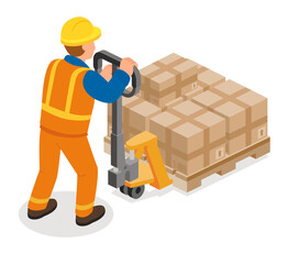 Isometric worker in orange uniform moving stacked boxes on a pallet truck. Logistics, warehouse, and cargo transport concept.