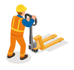 Isometric worker in orange uniform operating pallet truck. Warehouse logistics and cargo handling concept.