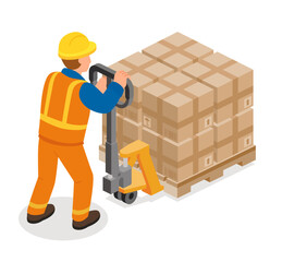 Isometric worker in orange uniform moving stacked boxes on a pallet truck. Logistics, warehouse, and cargo transport concept.