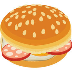 Isometric Style Hamburger Icon with Sesame Seed Bun and Salami Slices on Transparent Background