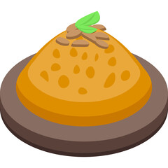 Isometric stylized illustration of a golden colored dessert or dish served on a dark plate garnished with tiny brown pieces and a green leaf on top against a white background with transparent elements