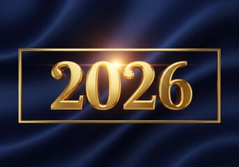 Golden year 2026 illuminated on dark blue fabric background