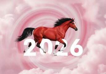 Majestic horse gallops through pink clouds with the year 2026