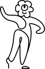 Minimalist humanoid figure line drawing, abstract flower head with single eye, surreal dancing character sketch, whimsical artistic motion illustration design