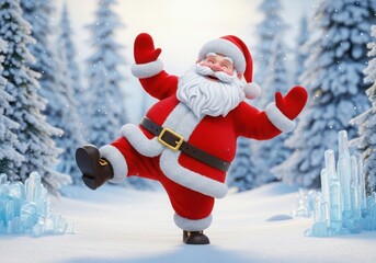 Joyful santa claus dancing in a snowy winter forest