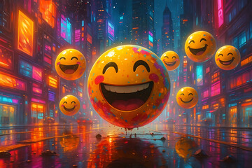 Surreal internet aesthetic collage floating emojis, distorted 3D smiley faces, glitchy digital background