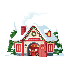 Santa's Workshop Illustration with Elves, Presents, and Snowy Building
