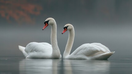 Mute Swans (Cygnus olor) Gracefully Floating on a Misty Lake in Early Morning, Hesse, Germany. Enchanting Wildlife Scene with Swans and Fog.