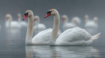 Mute Swans (Cygnus olor) Gracefully Floating on a Misty Lake in Early Morning, Hesse, Germany. Enchanting Wildlife Scene with Swans and Fog.