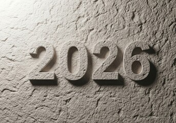 Textured concrete numbers representing the year 2026