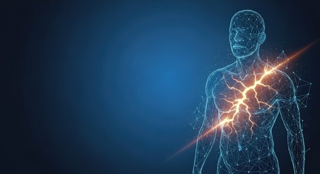 Digital human body showing heart with bright lightning pattern
