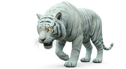 Fototapeta premium Majestic white tiger with glowing eyes stalks forward against a stark white background