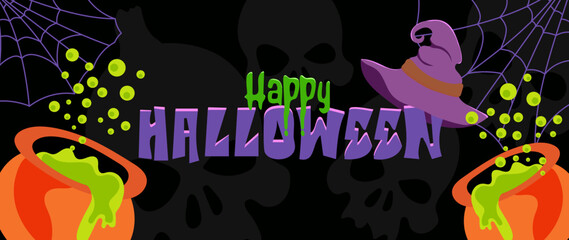 Vector Happy Halloween banner with cauldrons, bubbling potion, witch hat, spider webs, and black