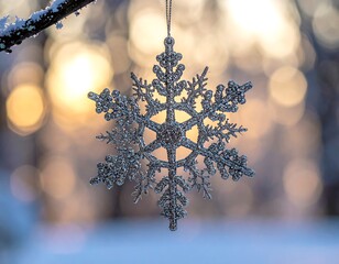 Close-up of a decorative, sparkling, crystalline, six-pointed, ornament