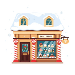 Festive Sweet Treats Shop Illustration with Snow-Covered Roof and Candy Cane Pillars