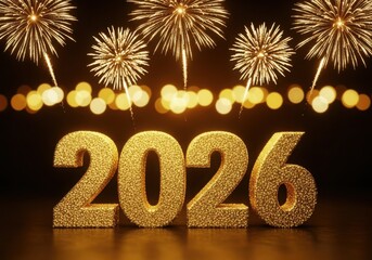 Golden 2026 numbers illuminated by festive fireworks and bokeh lights