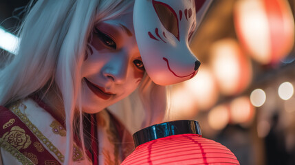 Mystical woman in a traditional kitsune fox mask and costume holding a red lantern at the vibrant Asakusa Tori no Ichi festival in Japan at night