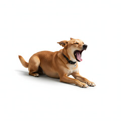 Fototapeta premium Dog yawning with mouth wide open resting on the floor isolated on a transparent background studio shot