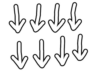 Eight hand drawn arrows pointing downwards arranged in two rows on a white background illustration