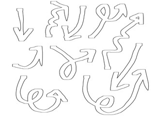 Arrangement of nine white outlined arrows pointing right in a grid pattern on a white background plain