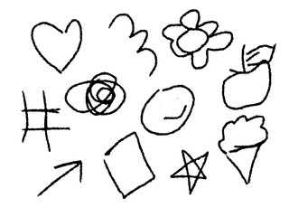 Hand drawn sketch featuring a heart, flower, star, apple, ice cream, and other simple shapes and lines